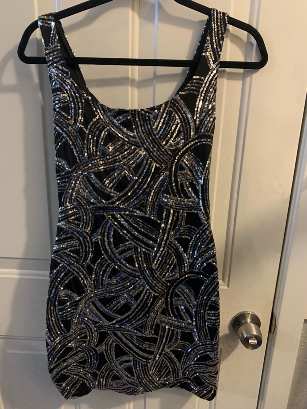 Black Sequin Sheath Mini Dress with Silver Accents- Size S
